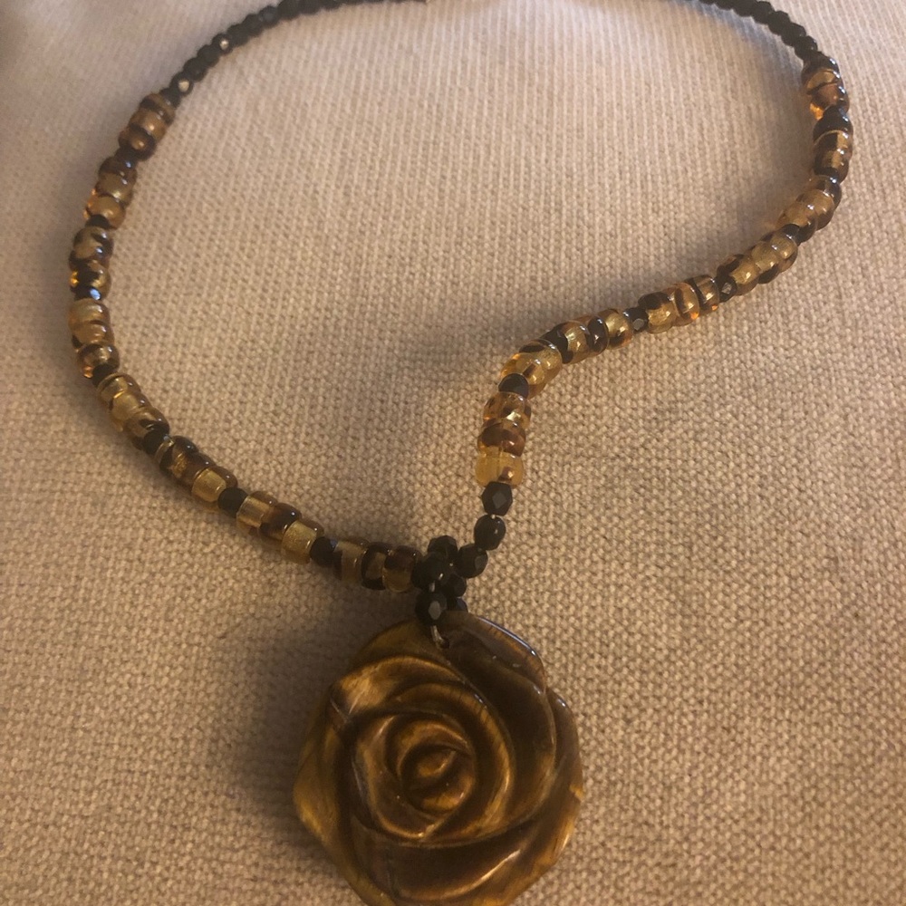 Handcrafted Tiger’s Eye Rose Pendant Beaded Necklace - $35 or $30 w/offer